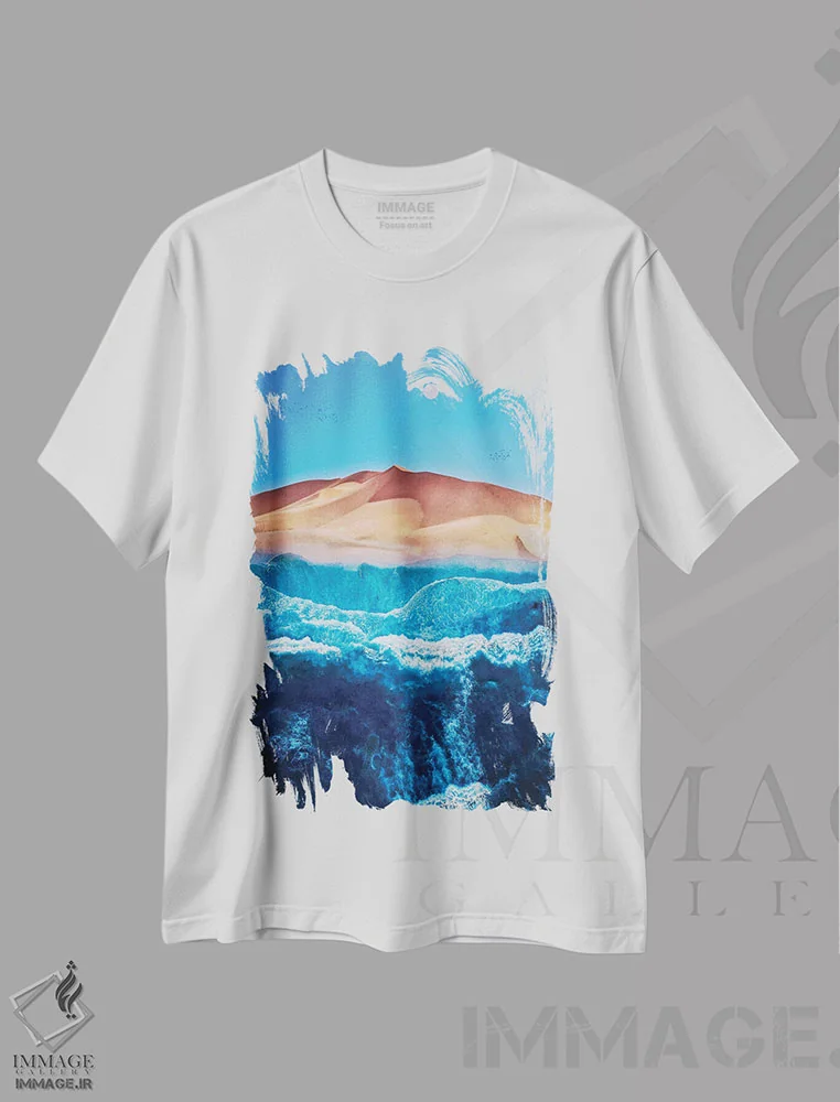 تیشرت سفید طرح دار ساحل دریایی و شن های بیابان، عکاسی ترکیبی اثر جن زد | immage.ir