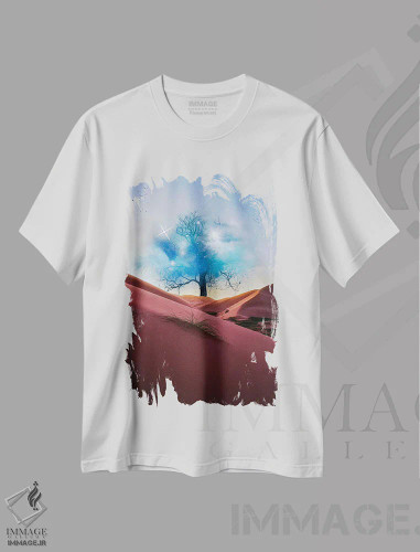 تیشرت سفید طرح دار درخت در بیابان با برگ های فضایی، عکاسی ترکیبی اثر جن زد | فروشگاه ایماژ
