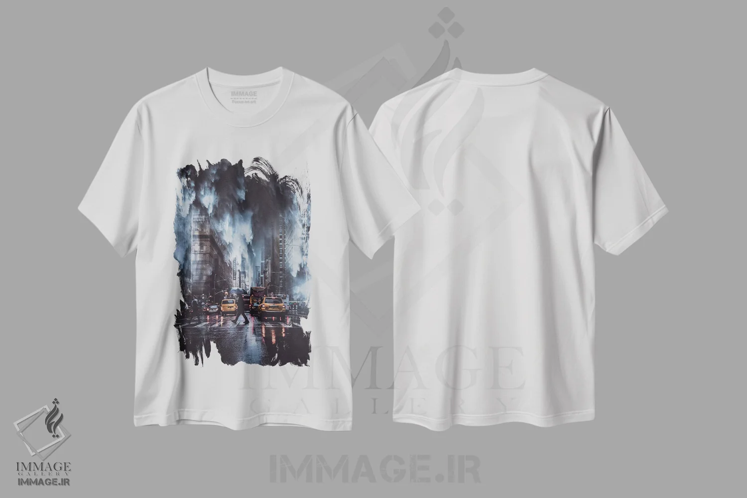 تیشرت سفید طرح دار باران آبشاری در شهری آمریکایی، عکاسی ترکیبی اثر جن زد | فروشگاه ایماژ