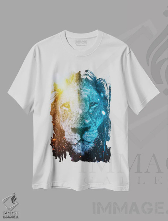 تیشرت سفید طرح دار شیر پادشاه عناصر آتش و یخ، عکاسی ترکیبی اثر جن زد | immage.ir