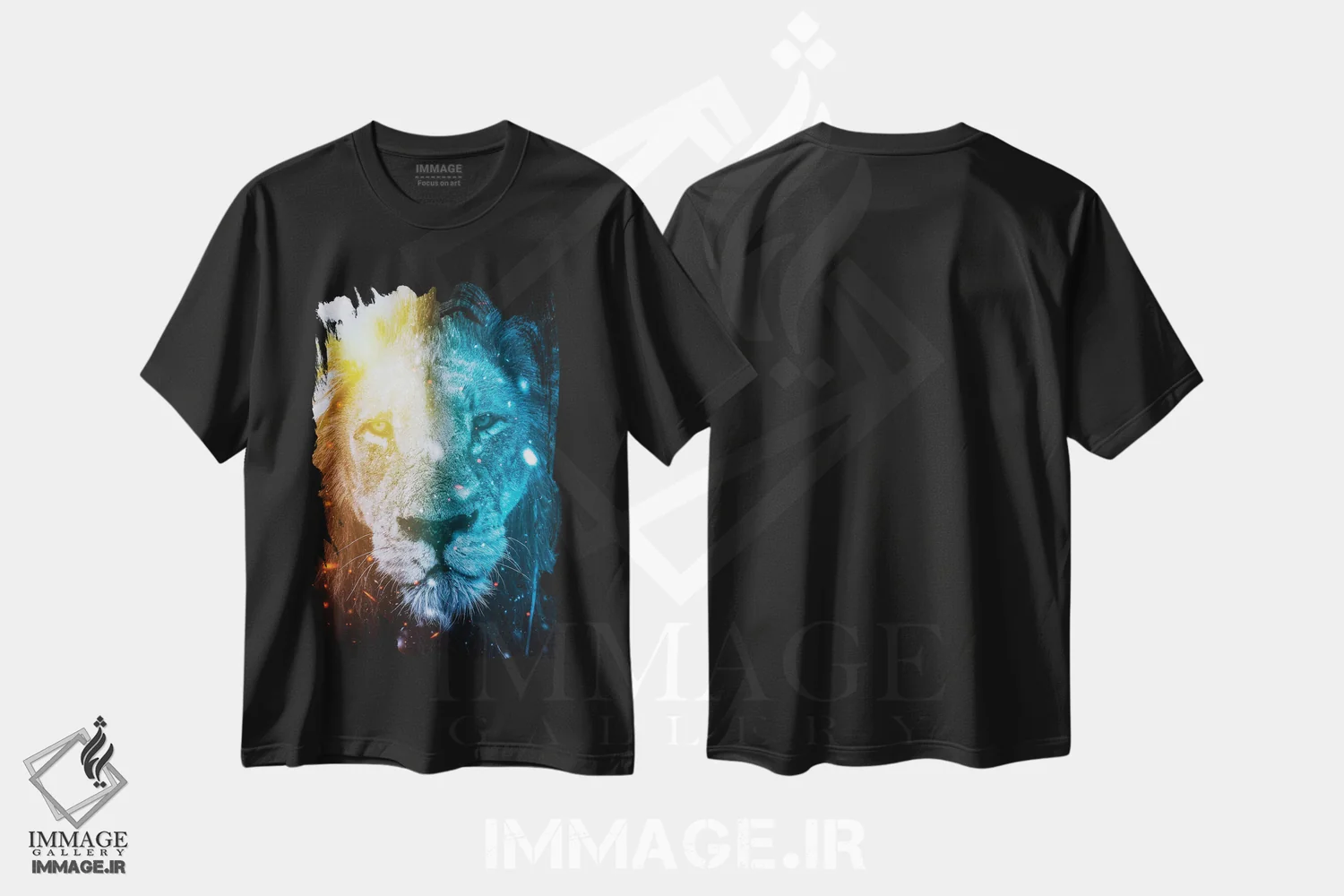تیشرت مشکی طرح دار شیر پادشاه عناصر آتش و یخ، عکاسی ترکیبی اثر جن زد | فروشگاه ایماژ