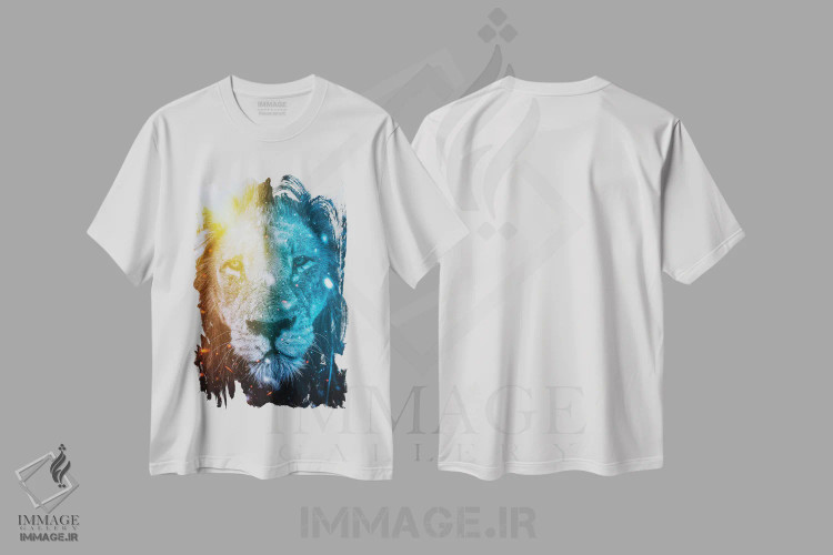 تیشرت سفید طرح دار شیر پادشاه عناصر آتش و یخ، عکاسی ترکیبی اثر جن زد | immage.ir