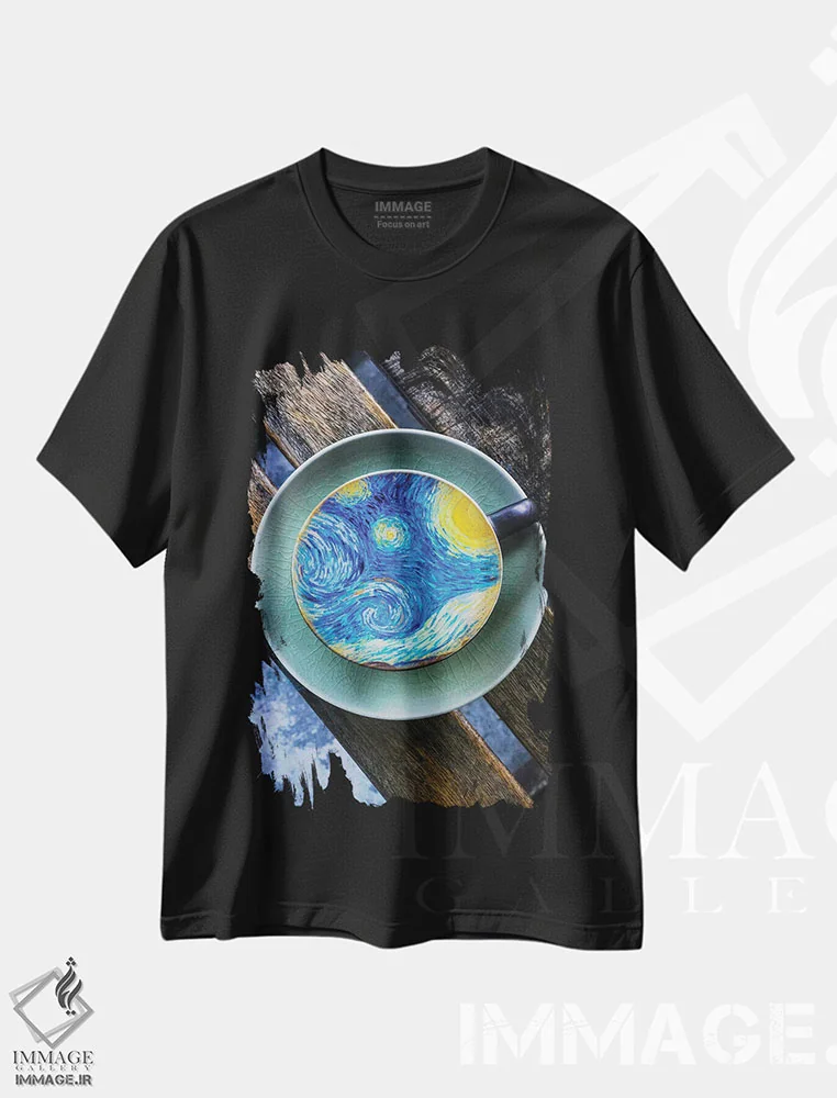 تیشرت مشکی طرح دار فنجان قهوه شب پرستاره ون گوگ، عکاسی ترکیبی اثر جن زد | immage.ir