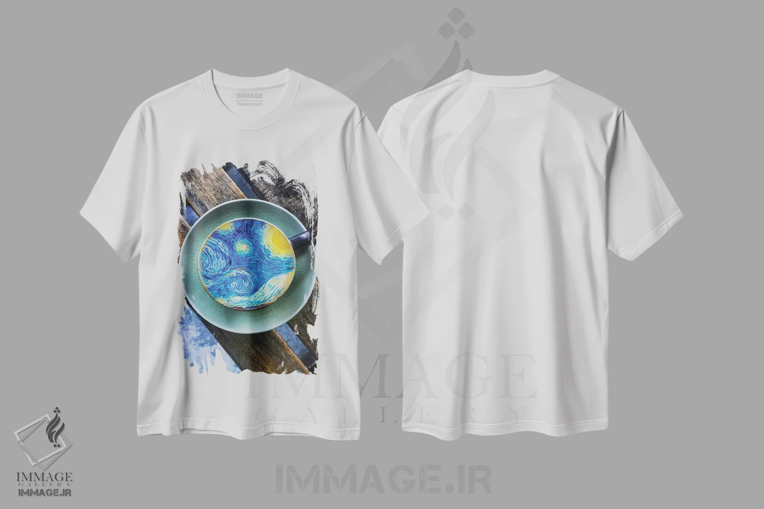 تیشرت سفید طرح دار فنجان قهوه شب پرستاره ون گوگ، عکاسی ترکیبی اثر جن زد | فروشگاه ایماژ
