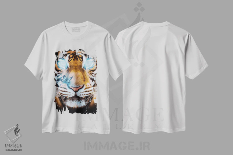 تیشرت سفید طرح دار ببر با چشمان آبی و پروانه زیبا، عکاسی ترکیبی اثر جن زد | immage.ir