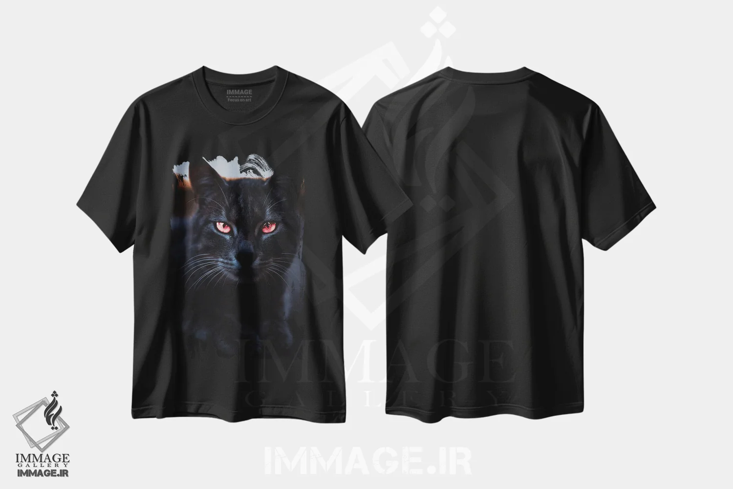 تیشرت مشکی طرح دار گربه سیاه و چشمان نارنجی، هنر دیجیتال اثر جن زد | immage.ir