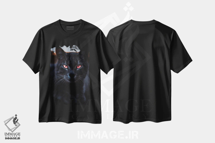 تیشرت مشکی طرح دار گربه سیاه و چشمان نارنجی، هنر دیجیتال اثر جن زد | immage.ir