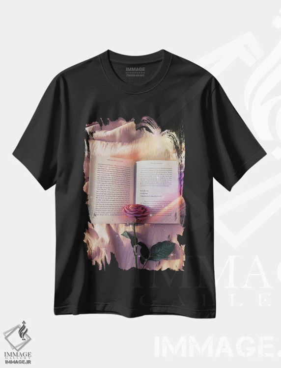 تیشرت مشکی طرح دار رز و زیبایی ادبی؛ رنگین کمان، هنر دیجیتال اثر جن زد | فروشگاه ایماژ