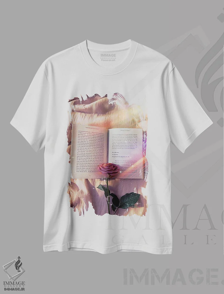 تیشرت سفید طرح دار رز و زیبایی ادبی؛ رنگین کمان، هنر دیجیتال اثر جن زد | immage.ir