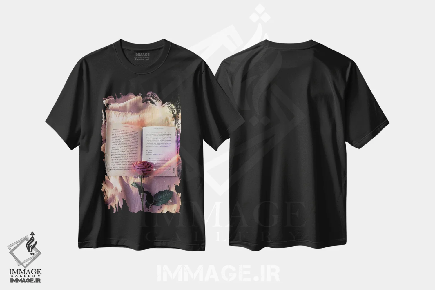 تیشرت مشکی طرح دار رز و زیبایی ادبی؛ رنگین کمان، هنر دیجیتال اثر جن زد | فروشگاه ایماژ