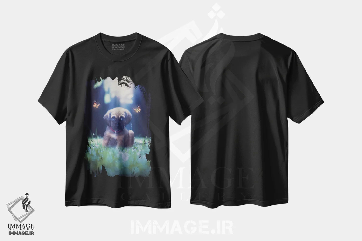 تیشرت مشکی طرح دار سگ بانمک با پروانه های نارنجی، تزئینی اثر جن زد | فروشگاه ایماژ