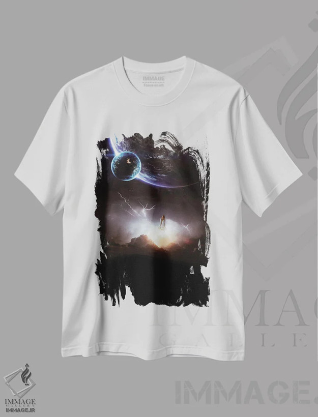 تیشرت سفید طرح دار برخاست موشک در میان رعد و برق، تزئینی اثر جن زد | فروشگاه ایماژ