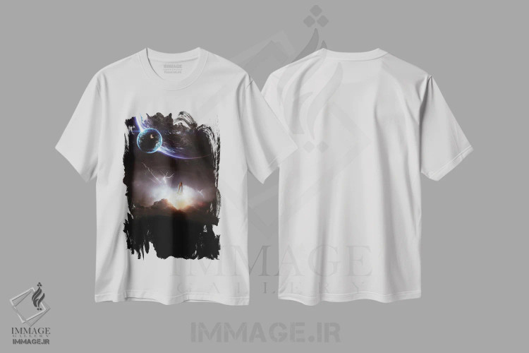 تیشرت سفید طرح دار برخاست موشک در میان رعد و برق، تزئینی اثر جن زد | فروشگاه ایماژ