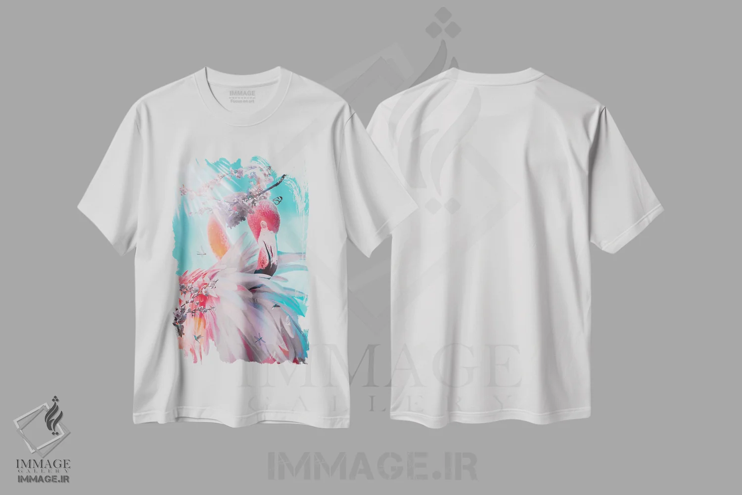 تیشرت سفید طرح دار زیبایی بهشت فلامینگوی صورتی، تزئینی اثر جن زد | immage.ir