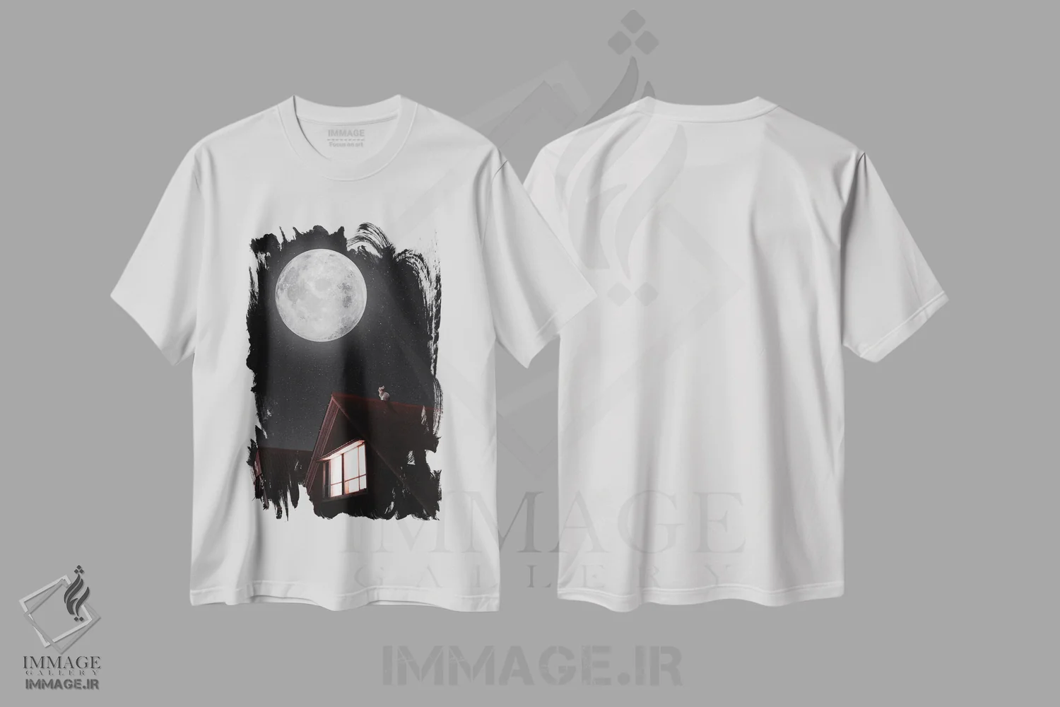 تیشرت سفید طرح دار گربه روی سقف و ماه کامل، تزئینی اثر جن زد | immage.ir