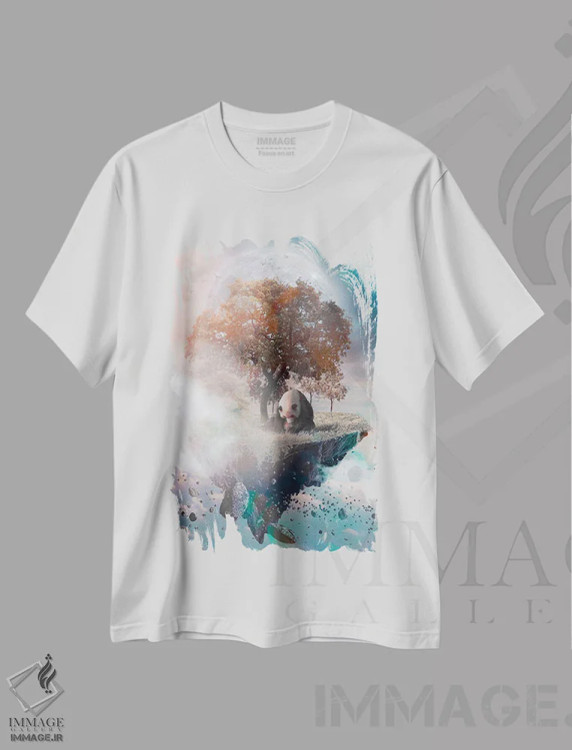 تیشرت سفید طرح دار پاندا روی جزیره شناور، تزئینی اثر جن زد | immage.ir