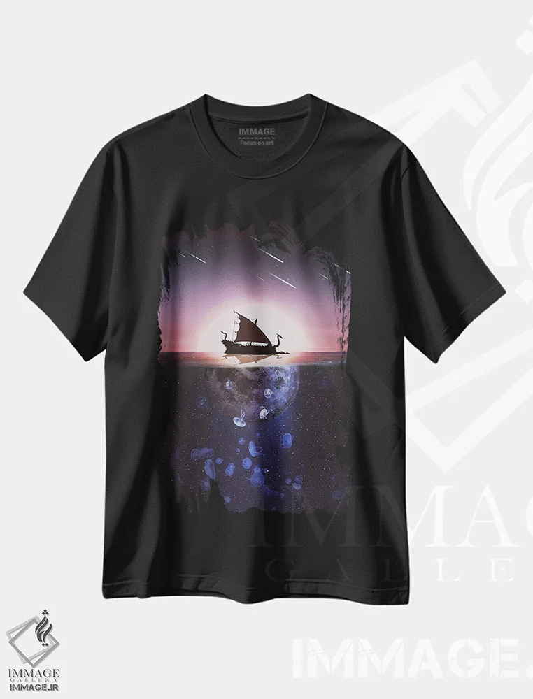 تیشرت مشکی طرح دار دراکار میان خورشید و ماه، تزئینی اثر جن زد | فروشگاه ایماژ