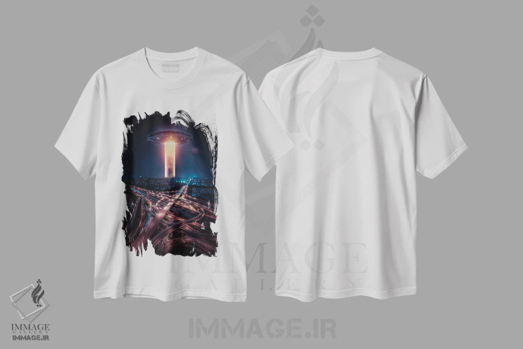 تیشرت سفید طرح دار حمله سفینه فرازمینی به شهر، تزئینی اثر جن زد | فروشگاه ایماژ