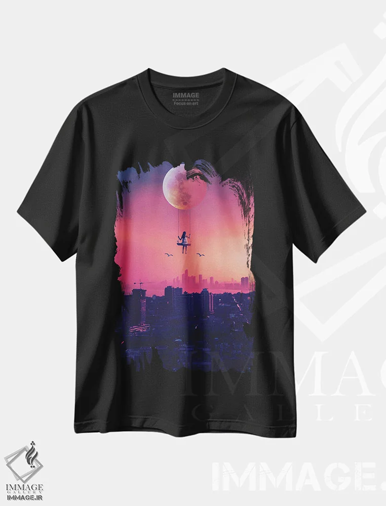 تیشرت مشکی طرح دار دخترک تاب بازی بالای شهر، دکوراسیون جایگزین اثر جن زد | فروشگاه ایماژ