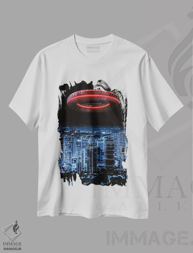 تیشرت سفید طرح دار تهاجم بیگانگان به شهر آینده نگر نئونی، دکوراسیون جایگزین اثر جن زد | فروشگاه ایماژ