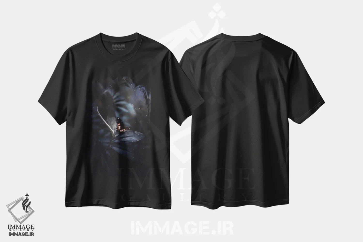 تیشرت مشکی طرح دار پروانه نارنجی و سیاه، هنر دیجیتال اثر جن زد | فروشگاه ایماژ