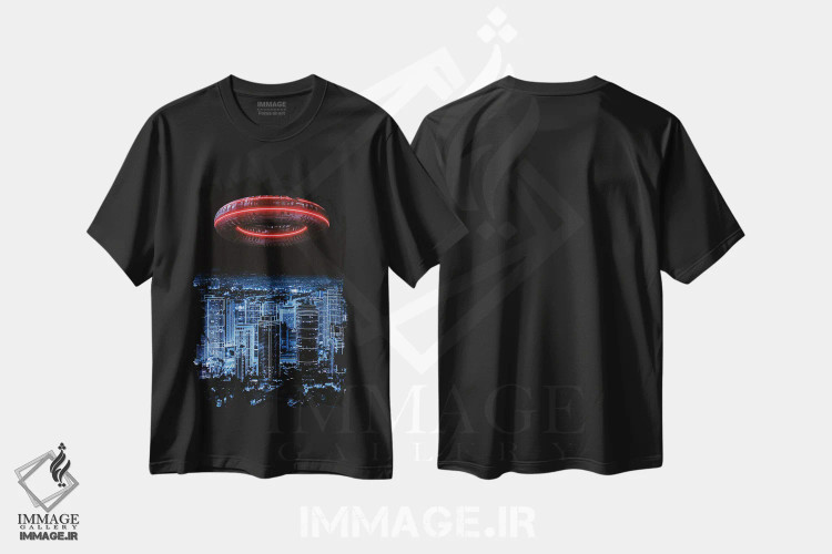 تیشرت مشکی طرح دار تهاجم بیگانگان به شهر آینده نگر نئونی، دکوراسیون جایگزین اثر جن زد | immage.ir