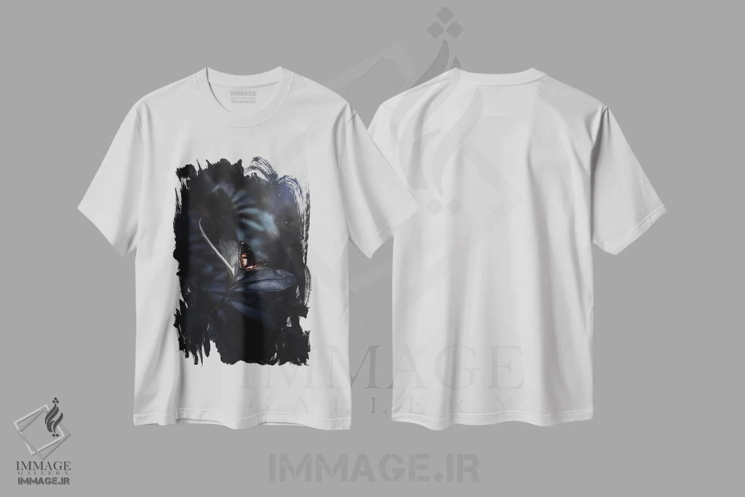 تیشرت سفید طرح دار پروانه نارنجی و سیاه، هنر دیجیتال اثر جن زد | immage.ir