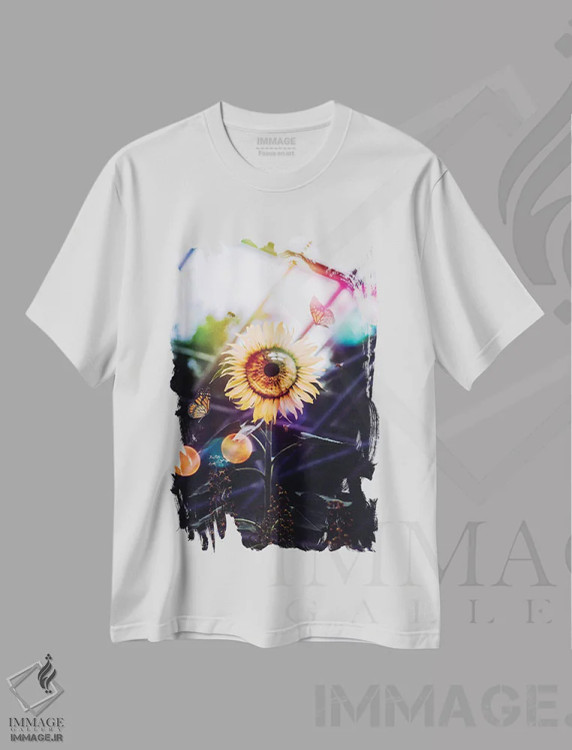 تیشرت سفید طرح دار چشم گل آفتابگردان، عکاسی ترکیبی اثر جن زد | فروشگاه ایماژ