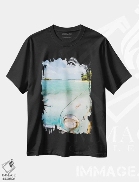 تیشرت مشکی طرح دار خودروی کلاسیک در ساحل کوبا، عکاسی ترکیبی اثر جن زد | فروشگاه ایماژ