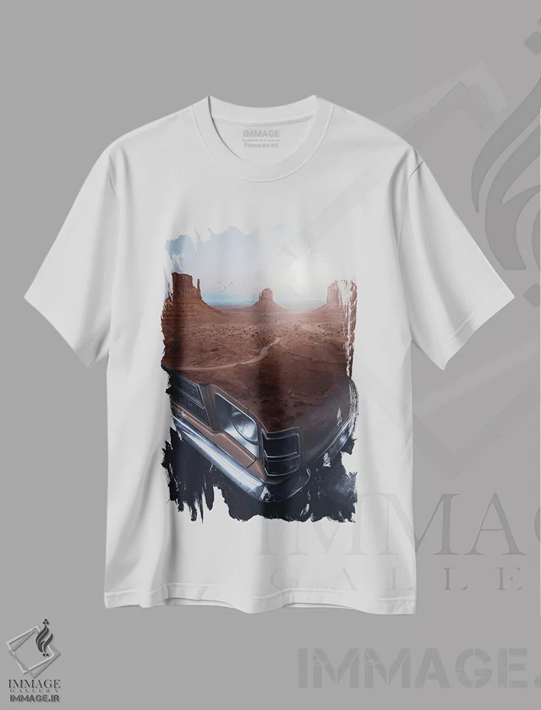 تیشرت سفید طرح دار خودروی کلاسیک در غرب آمریکا، عکاسی ترکیبی اثر جن زد | فروشگاه ایماژ
