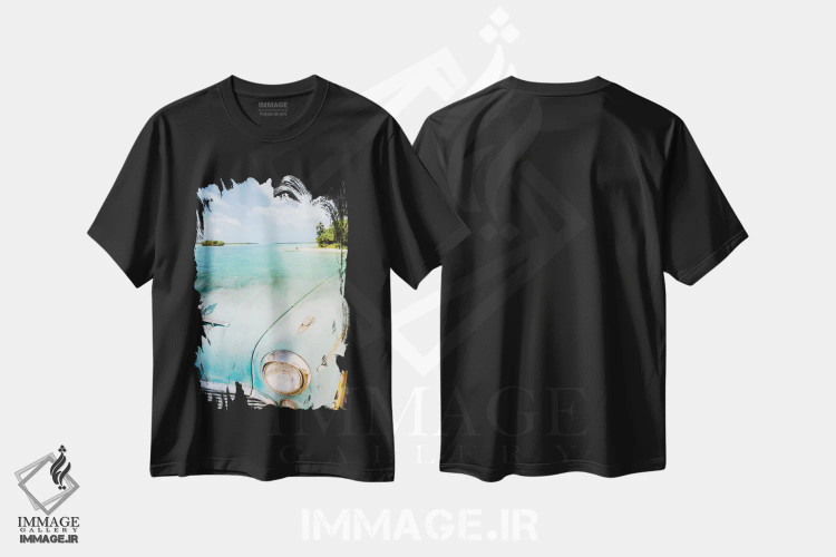 تیشرت مشکی طرح دار خودروی کلاسیک در ساحل کوبا، عکاسی ترکیبی اثر جن زد | فروشگاه ایماژ