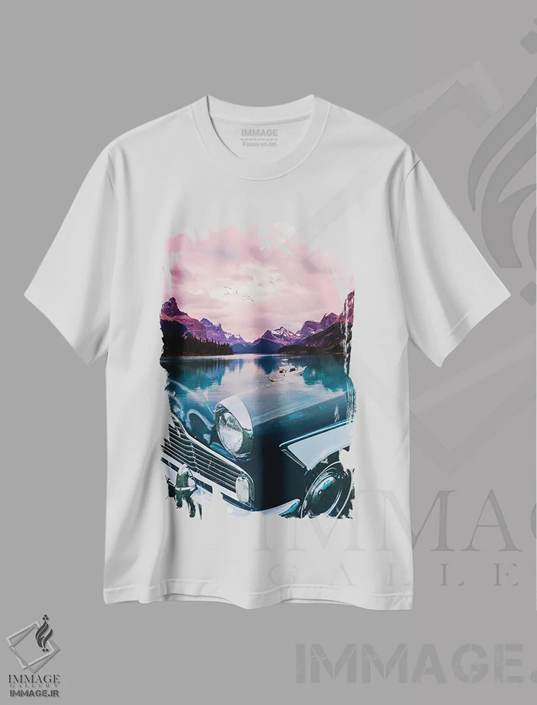 تیشرت سفید طرح دار خودروی کلاسیک دریاچه کوهستانی، عکاسی ترکیبی اثر جن زد | فروشگاه ایماژ