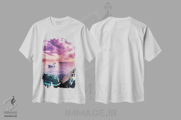 تیشرت سفید طرح دار خودروی کلاسیک و قو صورتی، عکاسی ترکیبی اثر جن زد | immage.ir