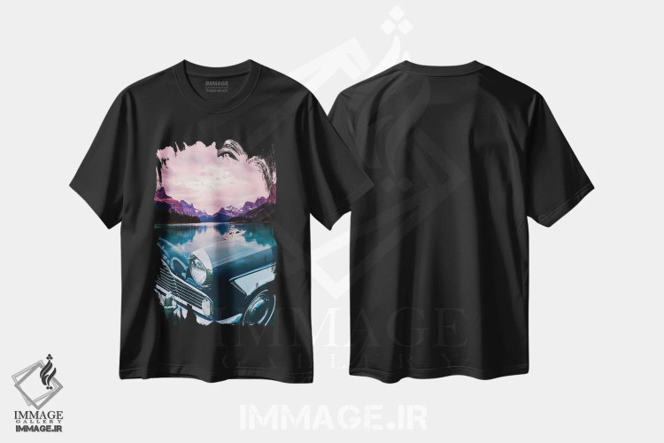 تیشرت مشکی طرح دار خودروی کلاسیک دریاچه کوهستانی، عکاسی ترکیبی اثر جن زد | immage.ir