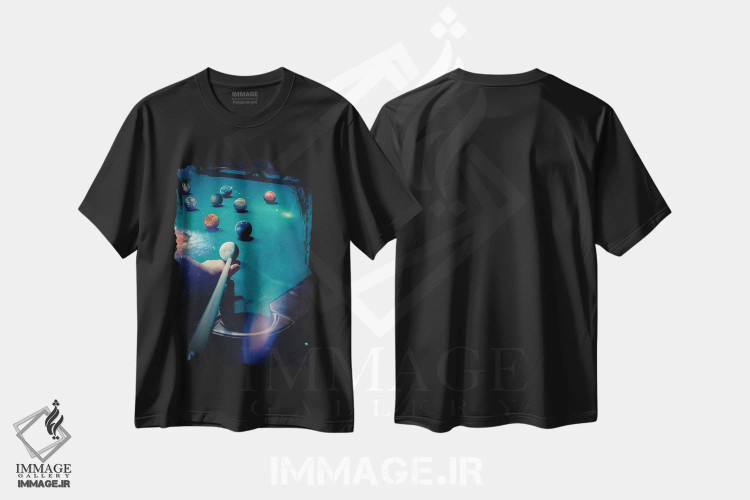 تیشرت مشکی طرح دار بیلیارد و گوی های سیاره ای، عکاسی ترکیبی اثر جن زد | فروشگاه ایماژ