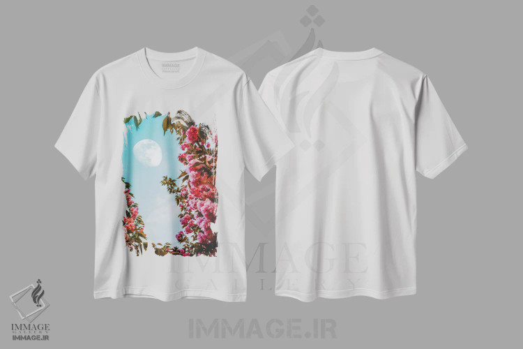 تیشرت سفید طرح دار ماه و گل های صورتی زیباشناسانه، هنر دیجیتال اثر جن زد | immage.ir