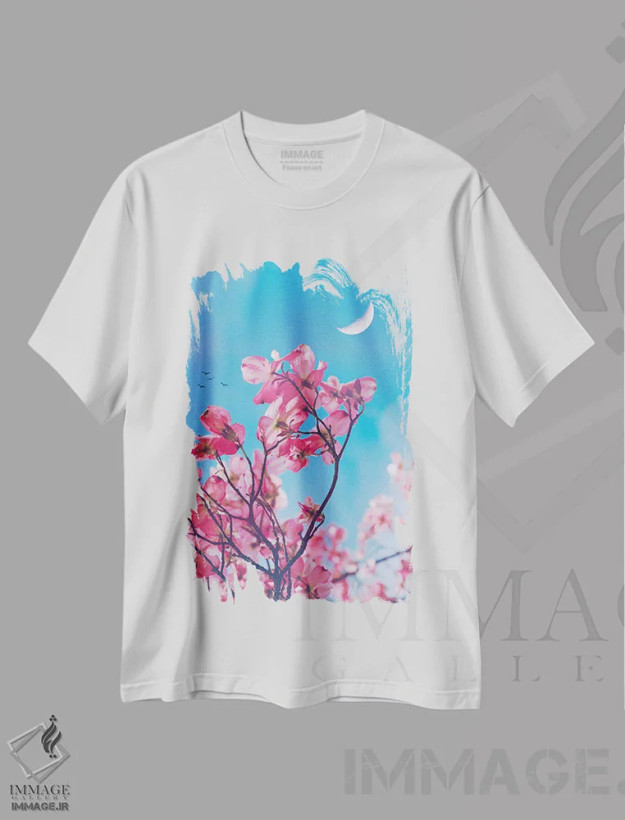 تیشرت سفید طرح دار گل های صورتی زیباشناسانه، هنر دیجیتال اثر جن زد | فروشگاه ایماژ