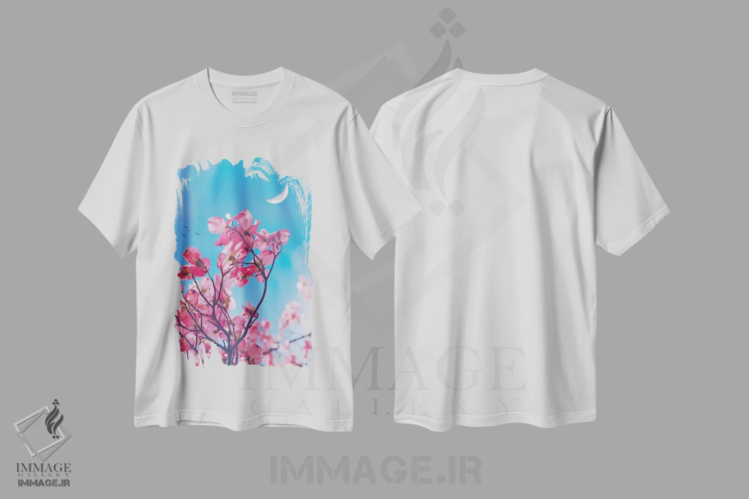 تیشرت سفید طرح دار گل های صورتی زیباشناسانه، هنر دیجیتال اثر جن زد | فروشگاه ایماژ