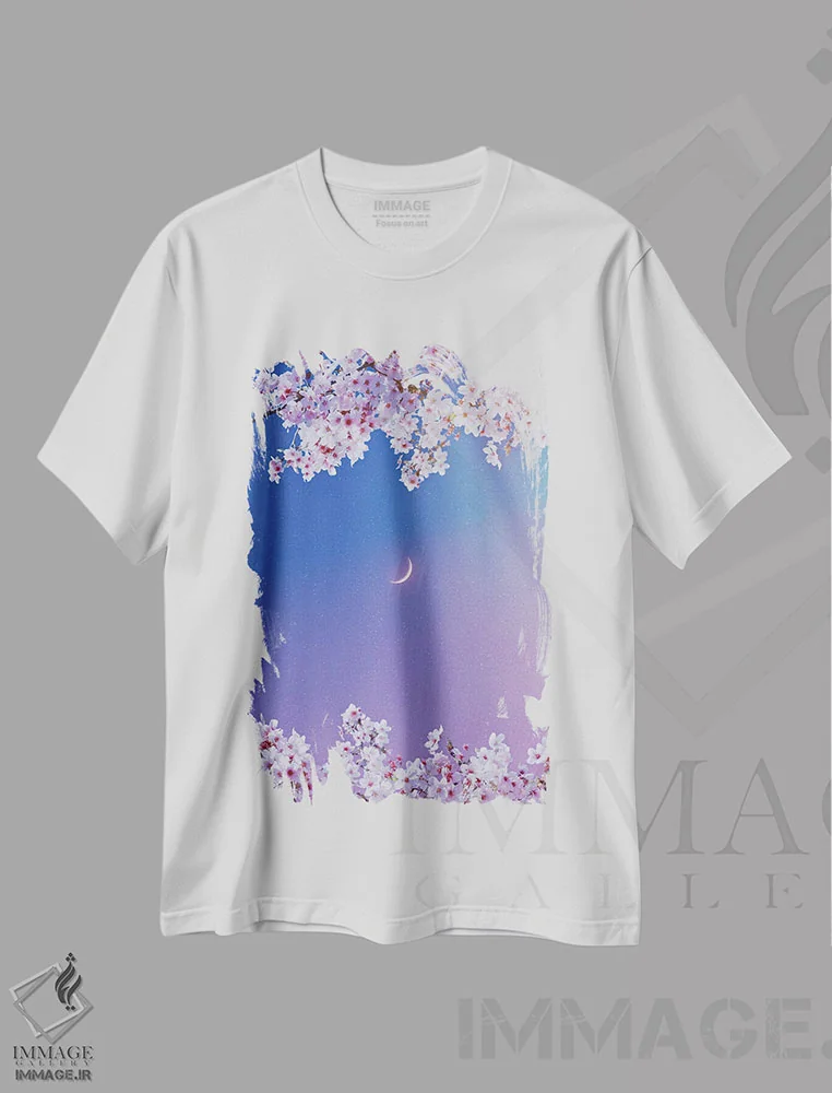 تیشرت سفید طرح دار گل های زیباشناسانه و هلال ماه، هنر دیجیتال اثر جن زد | فروشگاه ایماژ