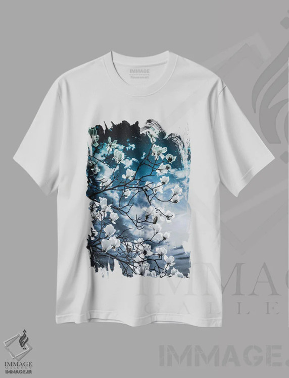 تیشرت سفید طرح دار مگنولیا زیباشناسانه، هنر دیجیتال اثر جن زد | immage.ir