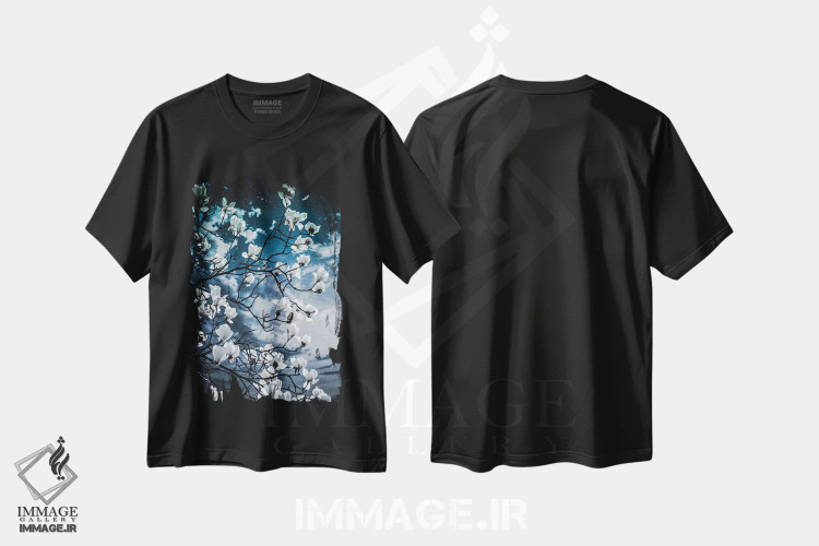تیشرت مشکی طرح دار مگنولیا زیباشناسانه، هنر دیجیتال اثر جن زد | فروشگاه ایماژ