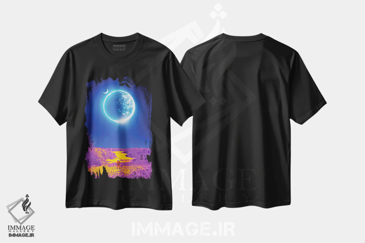 تیشرت مشکی طرح دار جهان اینفرارد و فضانورد، هنر دیجیتال اثر جن زد | فروشگاه ایماژ