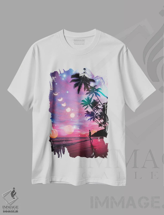 تیشرت سفید طرح دار فازهای ماه در ساحل شگفت انگیز، هنر دیجیتال اثر جن زد | immage.ir