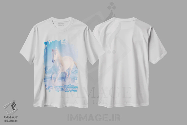 تیشرت سفید طرح دار اسب سفید در برف، هنر دیجیتال اثر جن زد | فروشگاه ایماژ