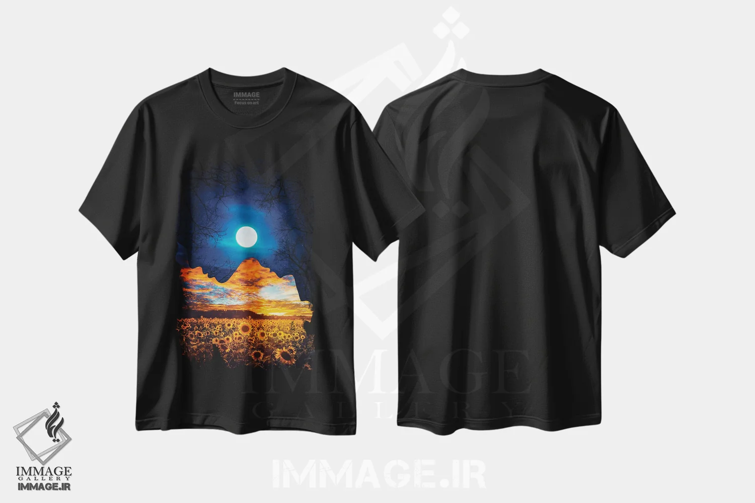تیشرت مشکی طرح دار چهره دونیمه شب و روز، عکاسی ترکیبی اثر جن زد | فروشگاه ایماژ