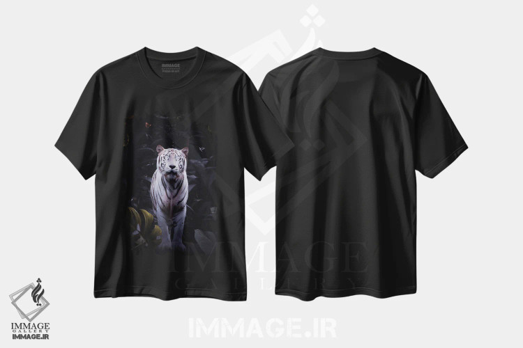 تیشرت مشکی طرح دار ببر سفید با چشمان درخشان، عکاسی ترکیبی اثر جن زد | فروشگاه ایماژ