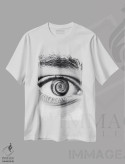 تیشرت سفید طرح دار چشم پلکان چرخان سیاه و سفید، هنر تزئینی سیاه و سفید اثر جن زد | فروشگاه ایماژ