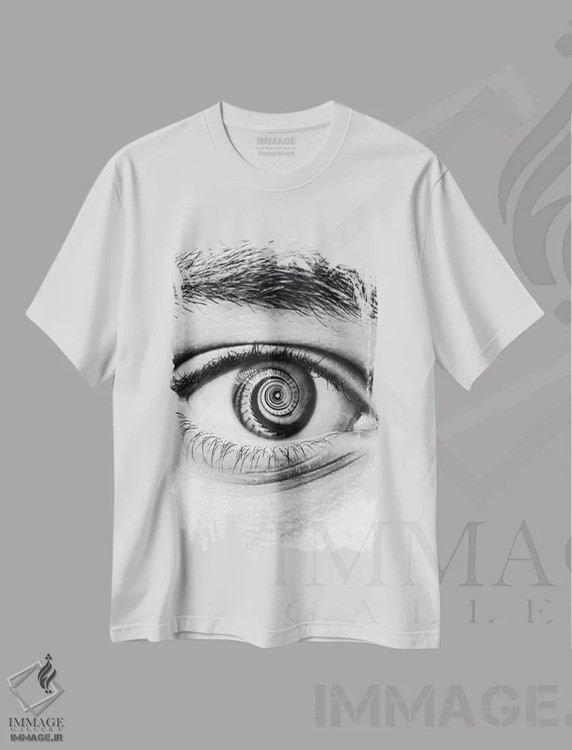 تیشرت سفید طرح دار چشم پلکان چرخان سیاه و سفید، هنر تزئینی سیاه و سفید اثر جن زد | فروشگاه ایماژ