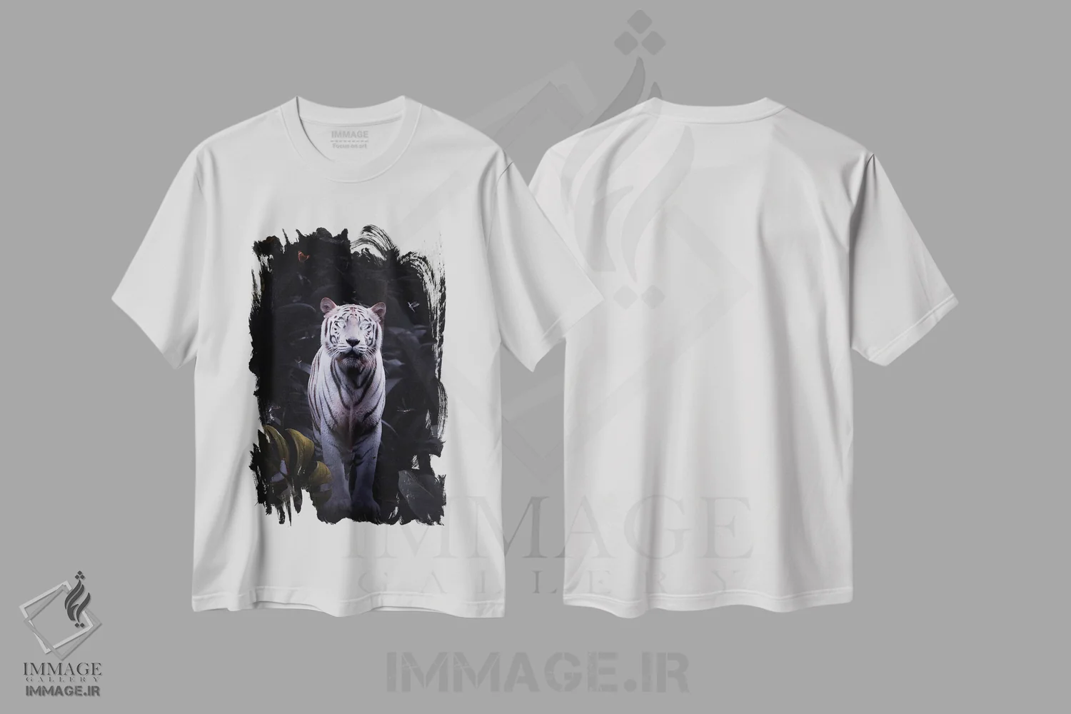 تیشرت سفید طرح دار ببر سفید با چشمان درخشان، عکاسی ترکیبی اثر جن زد | immage.ir