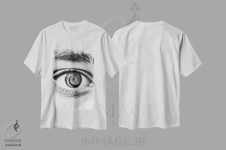 تیشرت سفید طرح دار چشم پلکان چرخان سیاه و سفید، هنر تزئینی سیاه و سفید اثر جن زد | فروشگاه ایماژ